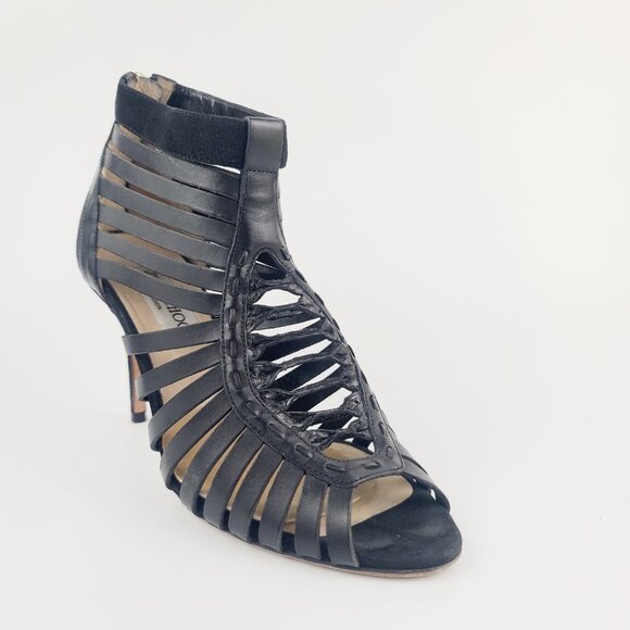 JIMMY CHOO Heels Black Gladiator Multistrap Caged Sandals Size 38 Retail $1050 - Picture 2 of 8
